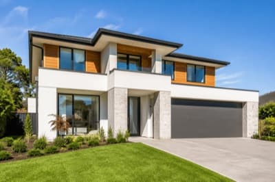 Modern two-storey home with a landscaped front yard